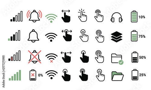 Collection of flat ui icons representing mobile connectivity and device functions