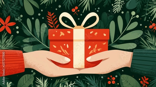 Hands exchanging a red gift box among green leaves and red flowers during a festive season
