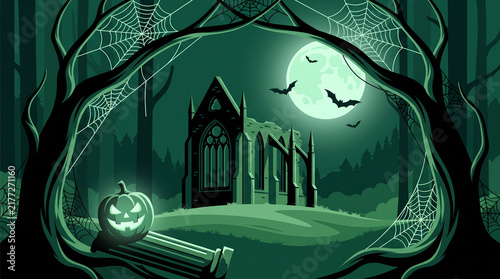 Spooky Green Halloween Chapel Ruins With Jack O Lantern Spiderweb