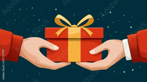 Sharing a gift during a festive celebration of giving with hands exchanging a bright red box