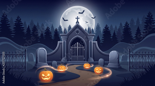 Spooky Gothic Mausoleum With Glowing Jack O Lanterns In Forest