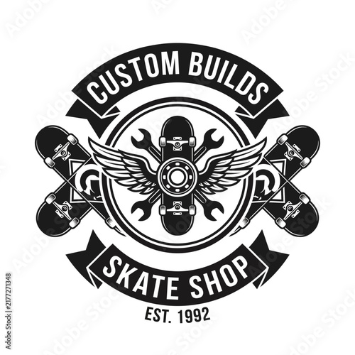 A bold, edgy logo design for a skate shop, featuring stylized skateboards and engine motifs that embody the energetic spirit of skateboarding culture and customization.