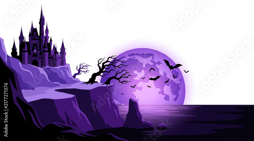 Purple Gothic Castle On Coastal Cliffs Under Huge Full Moon