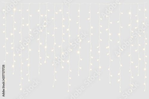 Warm white LED string light curtain overlay. Hanging fairy lights. Festive holiday decoration, festive holiday decoration element is isolated on a transparent background PNG