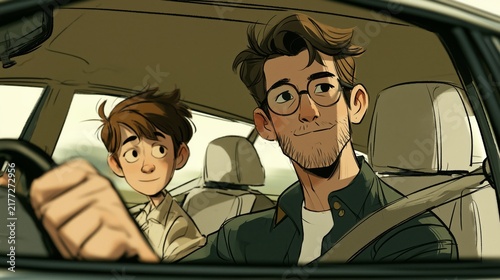 Father and son share a driving lesson with smiles and focus in a calm setting on a sunny day