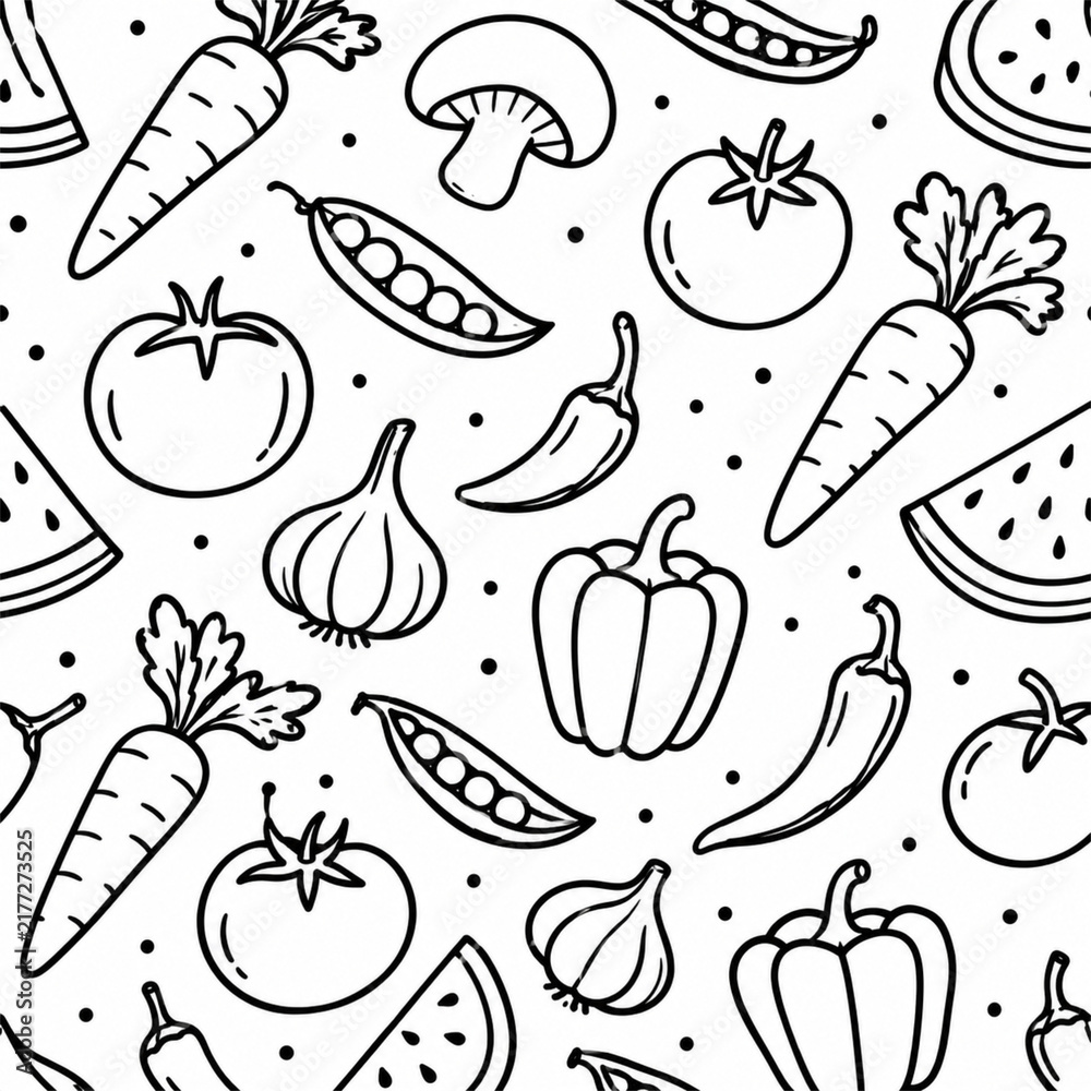 Fresh Vegetables and Fruits Line Art Seamless Pattern