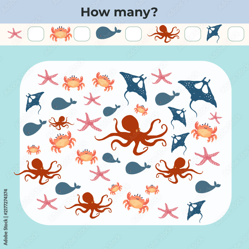 Fototapeta premium Educational board game for kids with Sea Creatures. Colorful counting activity page for children.