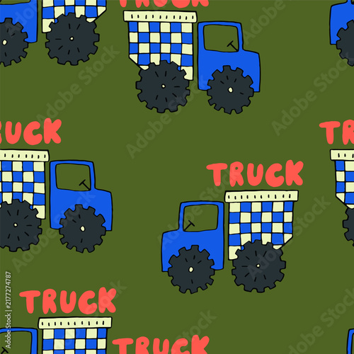 Blue cartoon truck with checkered trailer driving on moss green background playful illustration for children's designs