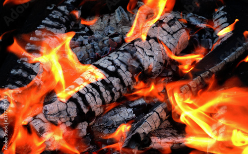 Contrast Burning Logs and Flames in Fireplace
