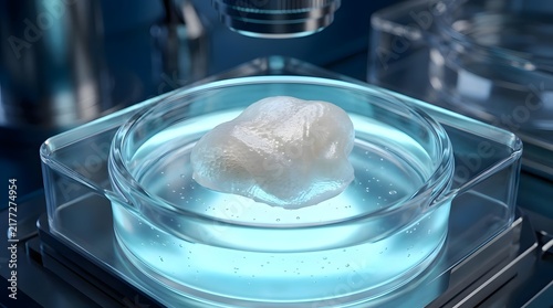 A gelatinous biological sample is contained within a petri dish  illuminated by blue light  under a microscope in a lab environment with surrounding glass containers