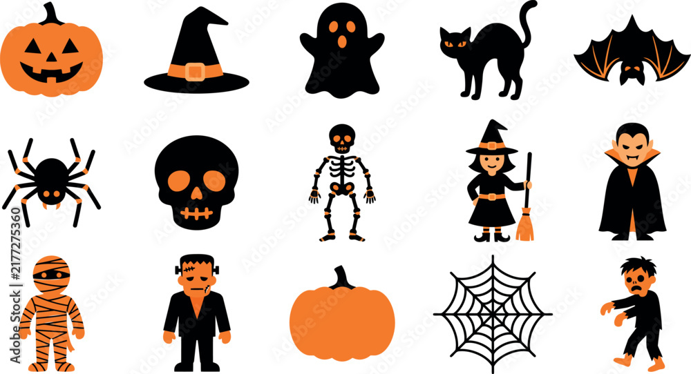 Obraz premium Halloween flat icon set, 15 spooky orange and black vector characters, festive holiday graphics for party invitations and web design