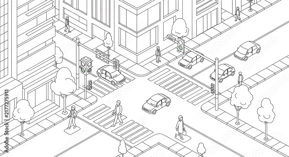 Fototapeta premium Isometric city street scene with pedestrians and vehicles.