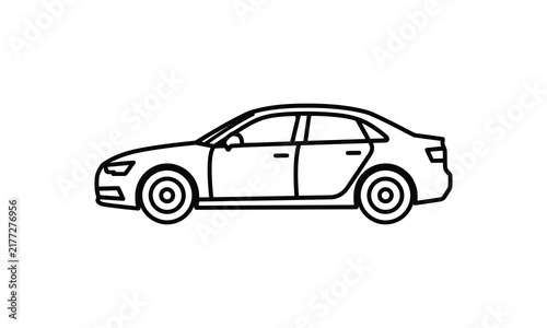 Simple black and white doodle illustration of a modern four door passenger sedan vehicle on a white background