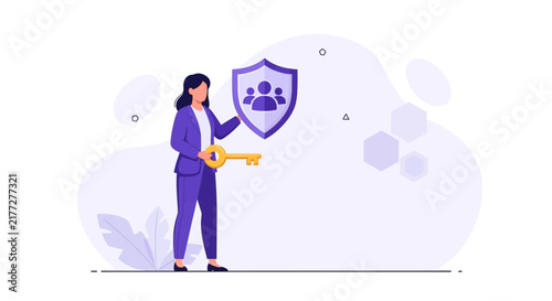 Businesswoman holding a key and shield with people icon, symbolizing security, protection, access, and safety in business and team management.