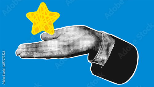 A hand wearing a suit sleeve holds a glowing doodle star floating just above the open palm on a blue background, halftone pop art style, symbolizing achievement, success and reward.