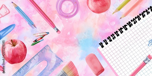 Colorful school supplies scattered on a soft watercolor background, featuring pencils, apples, notebooks, and rulers in pastel pink and blue hues.