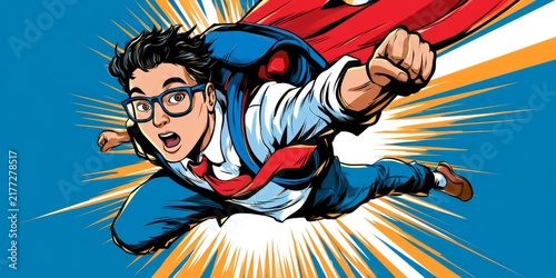 A dynamic comic-style illustration of a young man in glasses, wearing a suit and red cape, flying forward with energy bursts, conveying power and excitement.