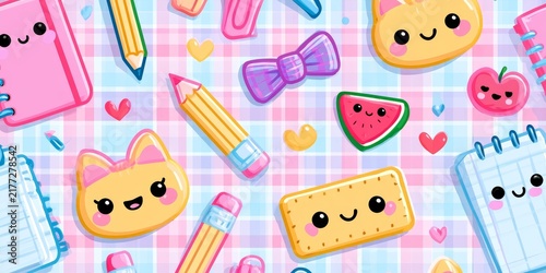 Cute kawaii school supplies with smiling faces on a pastel checkered background, featuring pencils, notebooks, erasers, and hearts in soft pink, blue, and yellow tones.