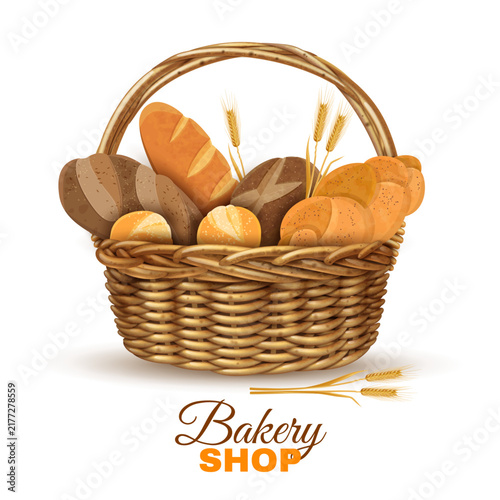 Realistic Bakery Basket Filled with Assorted Fresh Bread