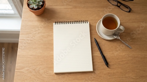Blank spiral notebook page with pen coffee cup and succulent plant on wooden desk office desk writing pad cup of tea note pad pot plant working environmen