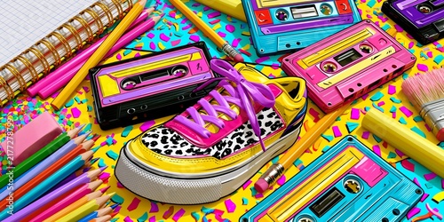 Vibrant 80s-inspired flat lay featuring colorful cassette tapes, a leopard-print sneaker, pencils, and confetti on a bright yellow background with retro aesthetic.