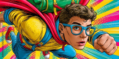 Dynamic superhero in vibrant comic book style, wearing blue glasses and colorful costume, flying forward with determined expression against bold, energetic background.