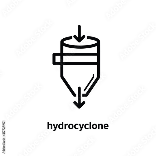 Hydrocyclone illustration depicts a conical separator with inlet and outlet ports