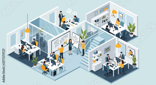 Modern office interior with diverse professionals collaborating in bright workspace.