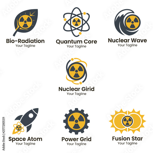A collection of six creative logos representing nuclear science concepts such as bio-radiation, quantum, and fusion, showcasing innovation and environmental awareness.