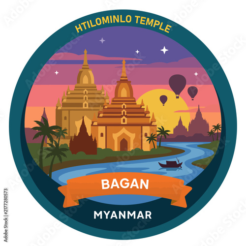 This stunning image captures the beauty of Htilominlo Temple in Bagan, Myanmar, showcasing its architectural grandeur against a picturesque sunset landscape.