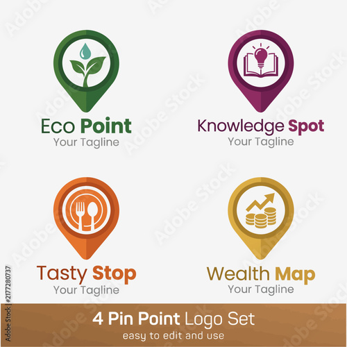 This versatile logo set features four distinct designs representing eco-friendliness, knowledge, tasty food, and wealth, suitable for diverse branding applications.