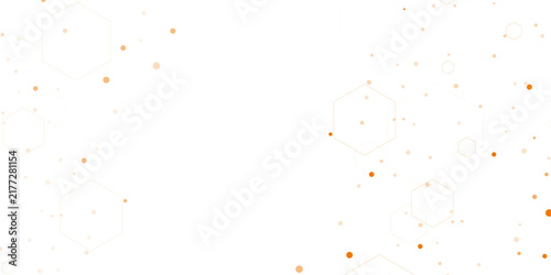 Abstract hexagonal network pattern with orange dots on white background design.