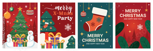 Merry Christmas and Happy New Year vector posters set. Abstract ornaments, snowflakes, gift ribbon, bow and Santa tag on festive red and green