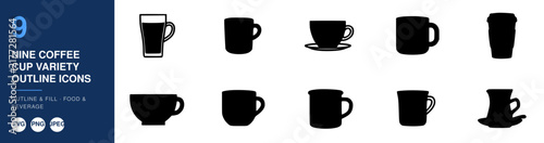 Coffee Cup Variety Outline Icons, Set of Nine, Food and Beverage Illustration, Minimalist Design, Vector Graphics.
