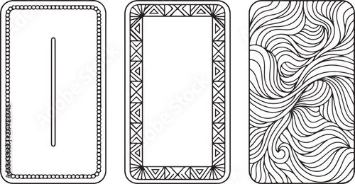 Mystical tarot card back designs, set of 3 decorative vector frames, occult celestial line art borders for divination and oracle cards