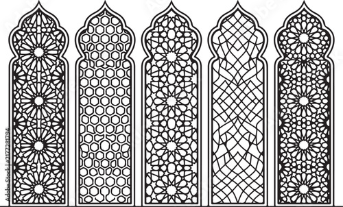 Islamic geometric arch windows set. Arabic pattern vector frames. Moroccan lattice screens for Ramadan and Eid decor.