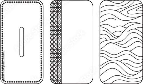 Minimalist smartphone back cover templates, set of 3 line art phone case designs, modern geometric and wavy pattern mobile accessories