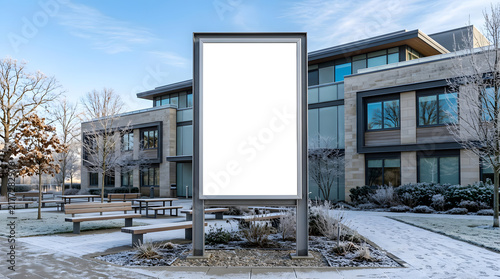 Blank vertical billboard mockup in front of modern corporate office building in winter