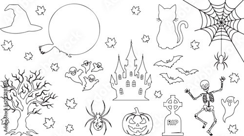 Set of black Halloween silhouettes vector illustration featuring bats, ghost, cat, and spider web