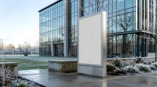 Blank Vertical Billboard Mockup in Front of Modern Glass Building in Winter