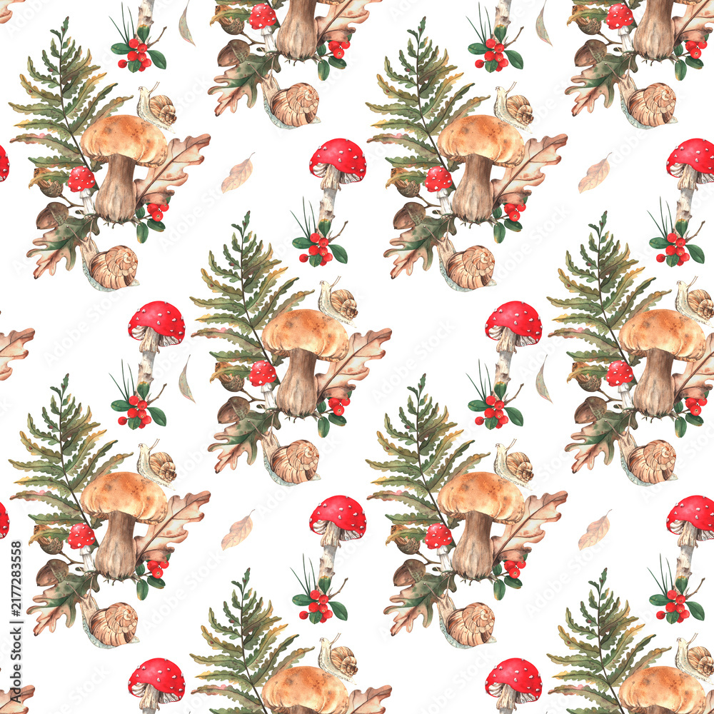 Naklejka premium Seamless autumn watercolor pattern. Bright compositions of forest plants, mushrooms, leaves, and animals. Hand-drawn. White background. Template for autumn design