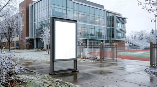 Blank vertical billboard mockup in front of modern glass building on a winter day