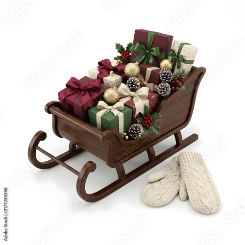 Black decorative Christmas sleigh filled with wrapped gift boxes