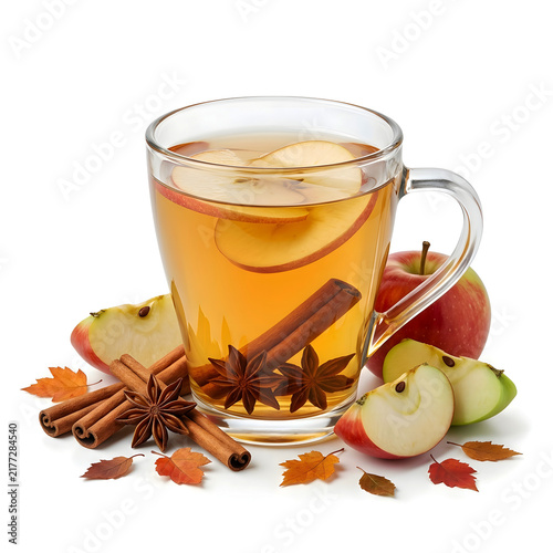 Glass mug of hot apple cider with cinnamon sticks and star anise