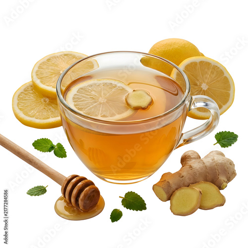 Glass cup of hot ginger tea with fresh lemon and honey dipper