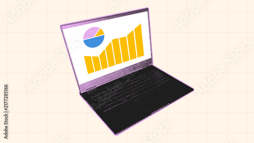 Halftone laptop displaying bar chart and pie chart on beige background. Vector illustration for data analytics, business reporting, and finance concepts.