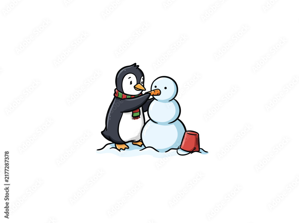 Fototapeta premium Cute Penguin Building A Snowman With Scarf And Small Red Bucket On White Background.eps