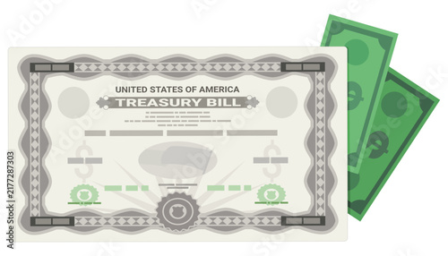 US Treasury Bill government bond certificate with dollar bills representing fixed income yield, secure debt investment, and monetary savings (cut out)