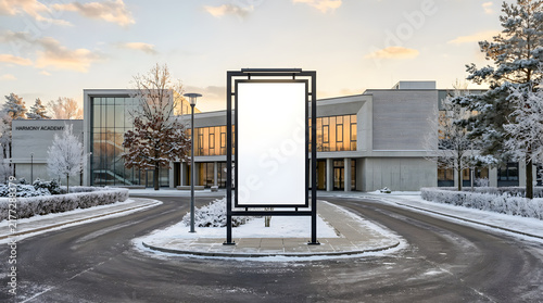 Blank Vertical Billboard Mockup in Front of Modern Office Building in Winter