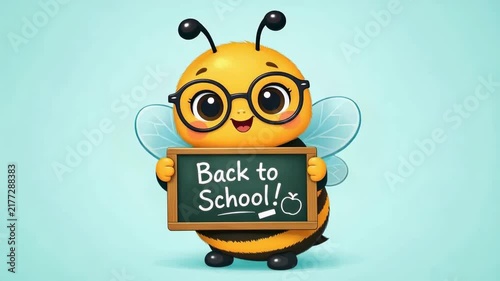 Cute bumblebee character holding a chalkboard that reads 